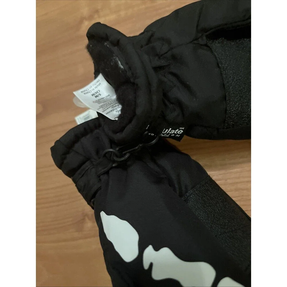 Faded Glory Thinsulate Gloves Skeleton Print Kids S/M Black White